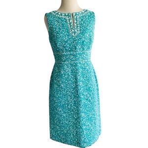 TAHARI by ASL Petites Dress Turquoise Print Sleeveless Sheath Beaded Sz 2P Teal
